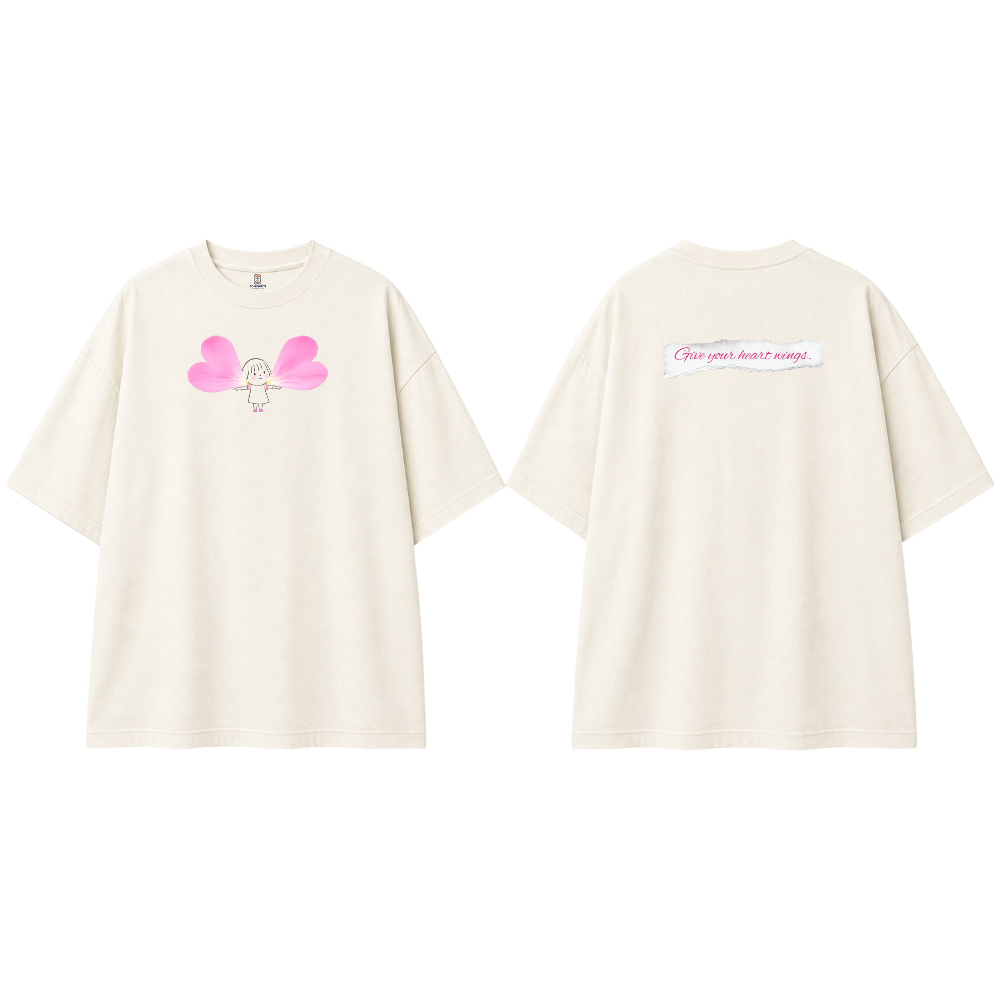 Somokriti Premium Cotton Printed T-Shirt - Heart Wings | Oversized Fit, Half Sleeve, Round Neck | Girls, Women