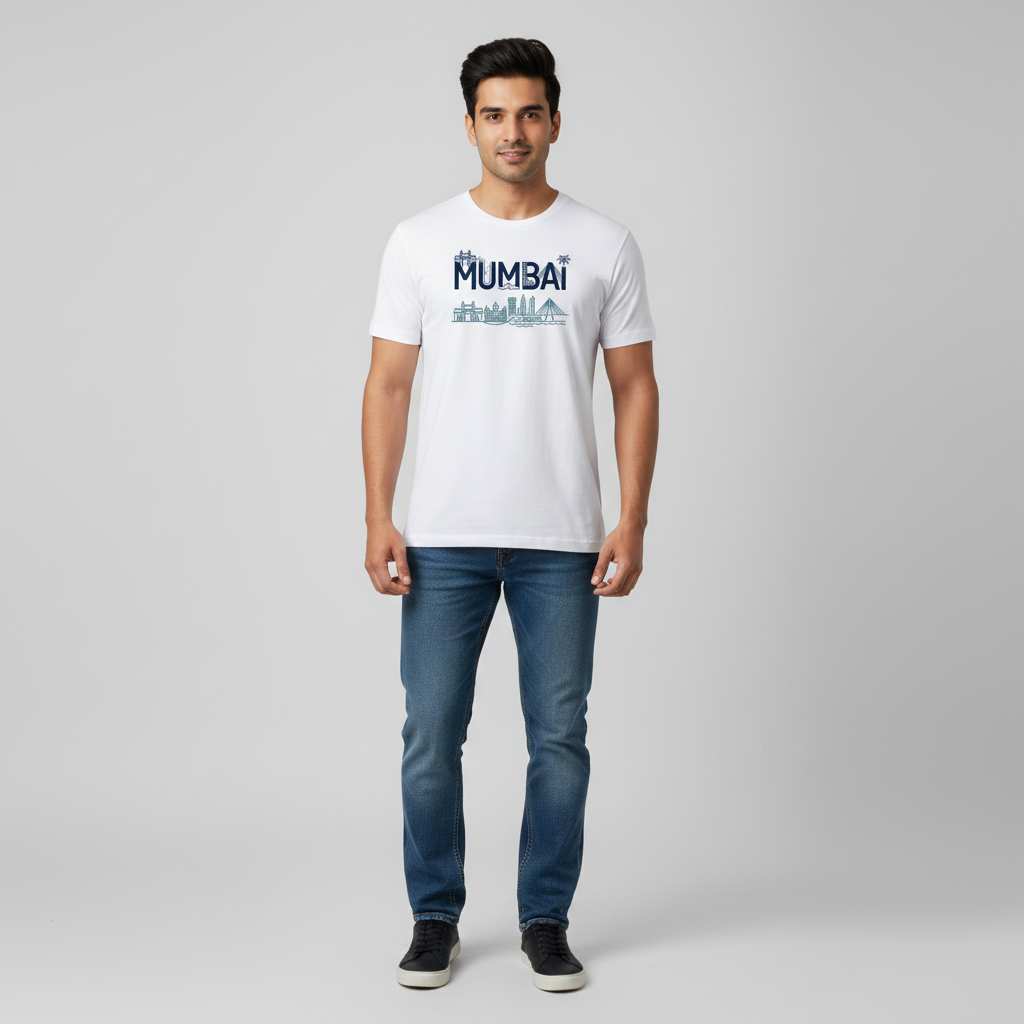 Somokriti Unisex Premium Cotton Printed T-Shirt - The Mumbai Skyline | Mumbai City | Regular Fit, Half Sleeve, Round Neck