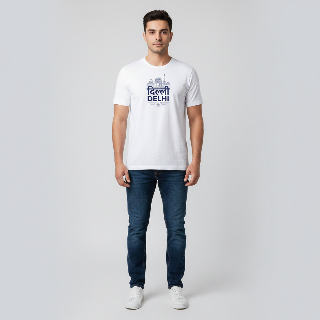 Somokriti Unisex Premium Cotton Printed T-Shirt - The Delhi Skyline | Minimalist Capital | Regular Fit, Half Sleeve, Round Neck
