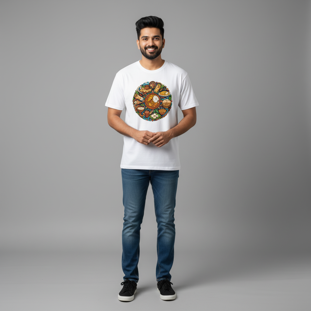 Somokriti Unisex Premium Cotton Printed T-Shirt - The Flavors of Bengal | Regular Fit, Half Sleeve, Round Neck