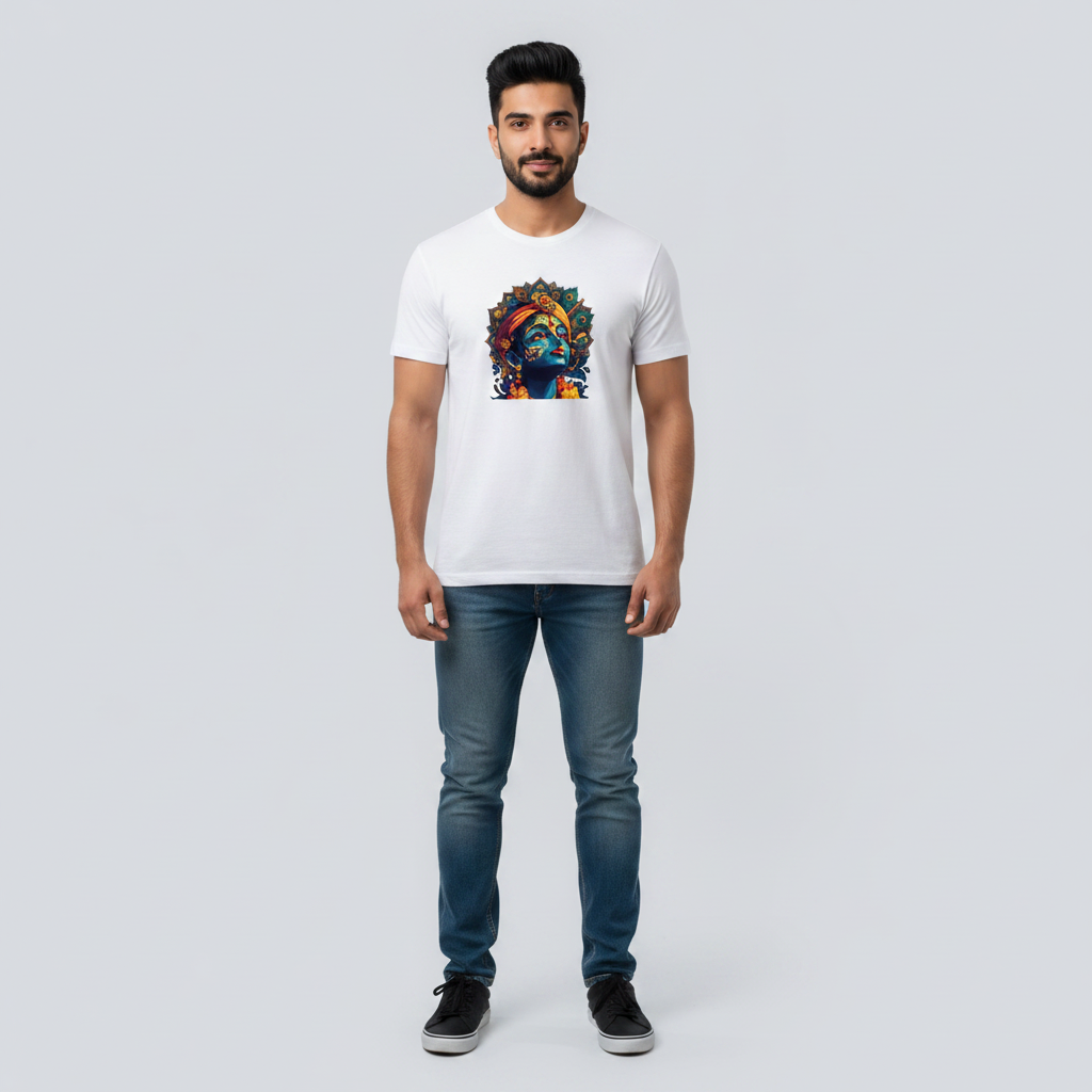 Somokriti Unisex Premium Cotton Printed T-Shirt - The Eternal Charm | Bal Krishna Peacock Mandala | Regular Fit, Half Sleeve, Round Neck