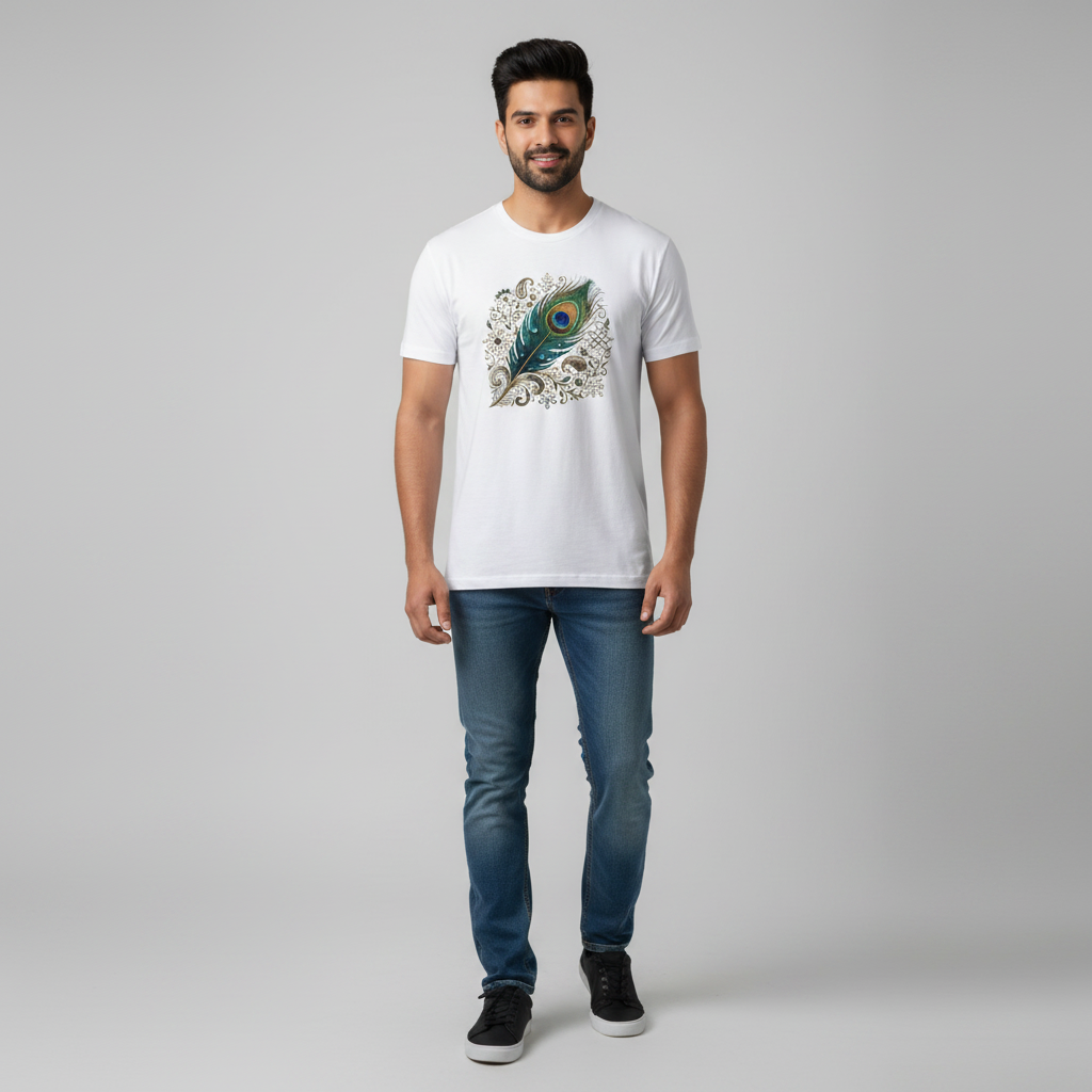 Somokriti Unisex Premium Cotton Printed T-Shirt - The Sacred Peacock Feather | Regular Fit, Half Sleeve, Round Neck