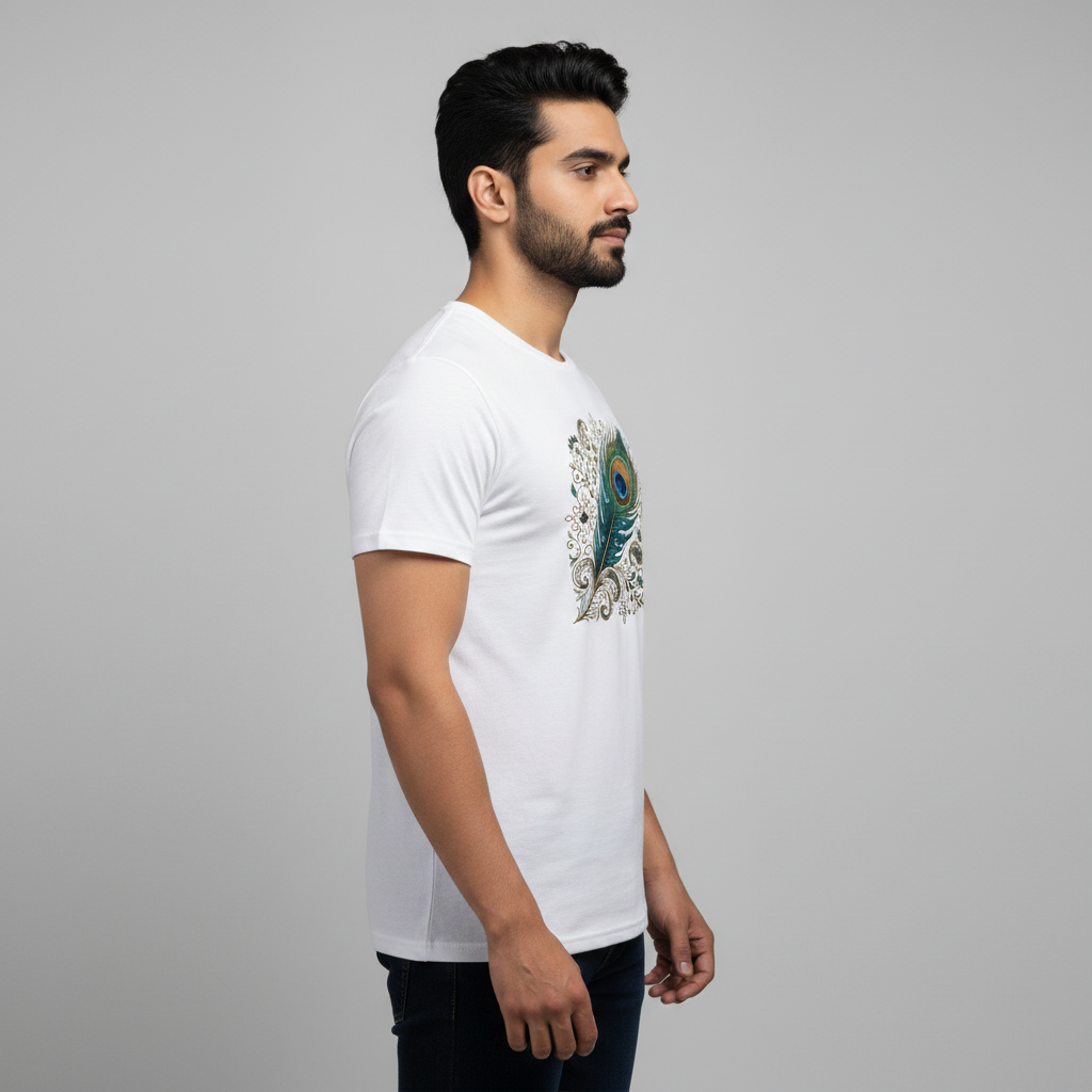 Somokriti Unisex Premium Cotton Printed T-Shirt - The Sacred Peacock Feather | Regular Fit, Half Sleeve, Round Neck