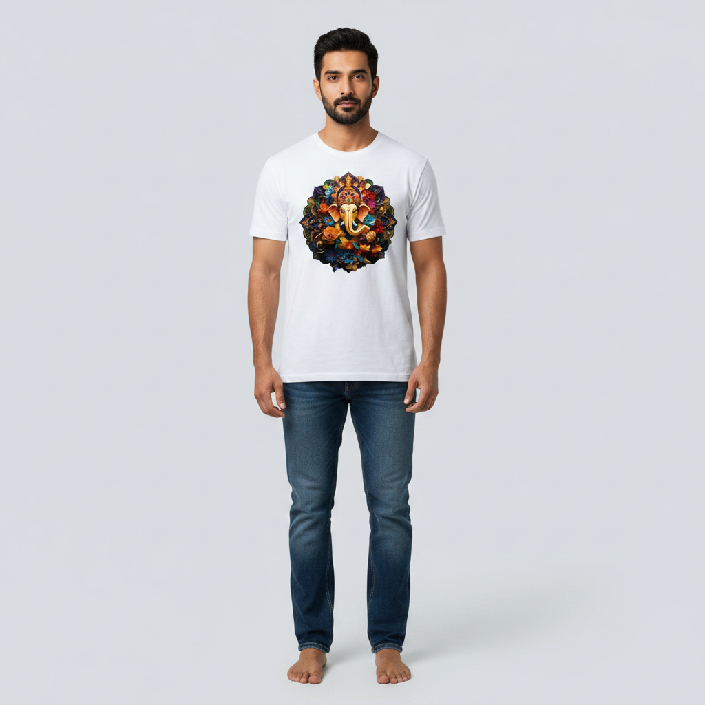 Somokriti Unisex Premium Cotton Printed T-Shirt - The Ganesha Floral Paper Quilled | Regular Fit, Half Sleeve, Round Neck