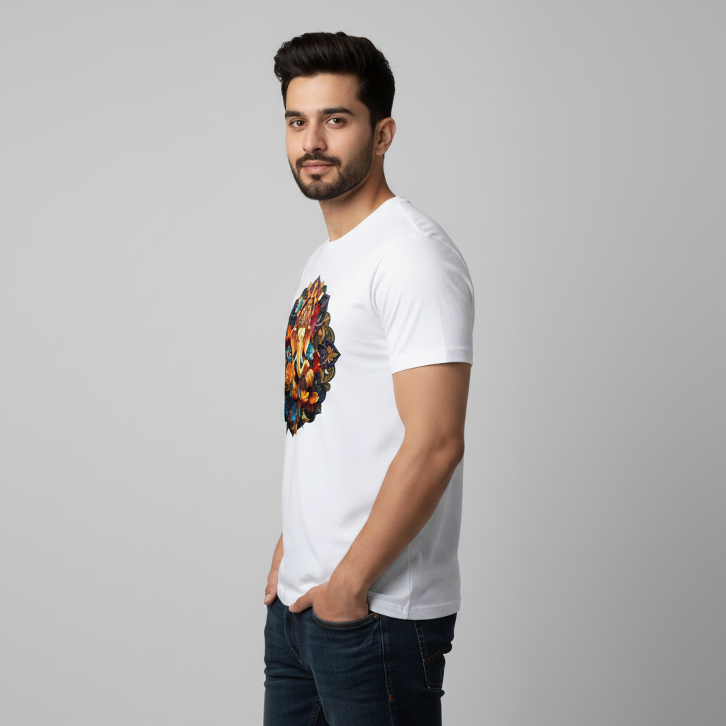 Somokriti Unisex Premium Cotton Printed T-Shirt - The Ganesha Floral Paper Quilled | Regular Fit, Half Sleeve, Round Neck