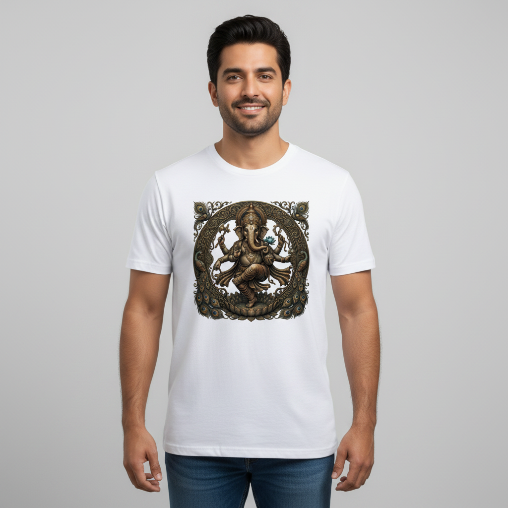 Somokriti Unisex Premium Cotton Printed T-Shirt - The Eternal Ganesha | Dancing Vinayaka Antique Filigree | Regular Fit, Half Sleeve, Round Neck