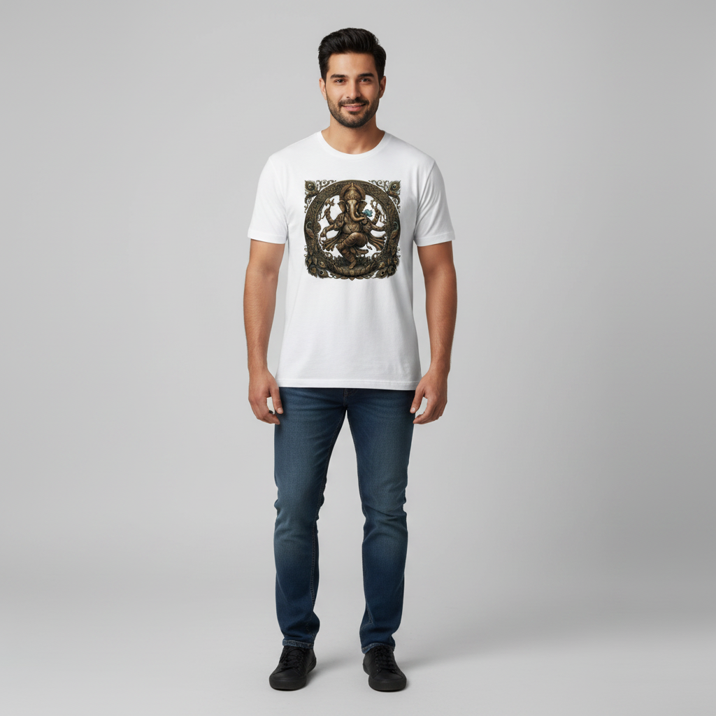 Somokriti Unisex Premium Cotton Printed T-Shirt - The Eternal Ganesha | Dancing Vinayaka Antique Filigree | Regular Fit, Half Sleeve, Round Neck