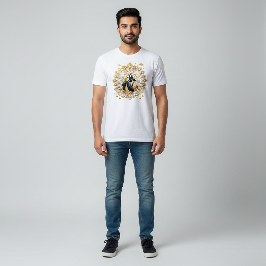 Somokriti Unisex Premium Cotton Printed T-Shirt - The Divine Melody | Golden Krishna & Peacock Aura | Regular Fit, Half Sleeve, Round Neck
