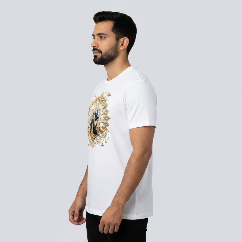 Somokriti Unisex Premium Cotton Printed T-Shirt - The Divine Melody | Golden Krishna & Peacock Aura | Regular Fit, Half Sleeve, Round Neck