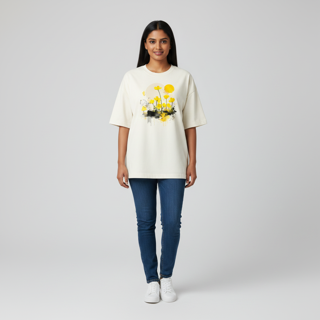 Somokriti Premium Cotton Printed T-Shirt - Golden Focus | Oversized Fit, Half Sleeve, Round Neck | Girls, Women