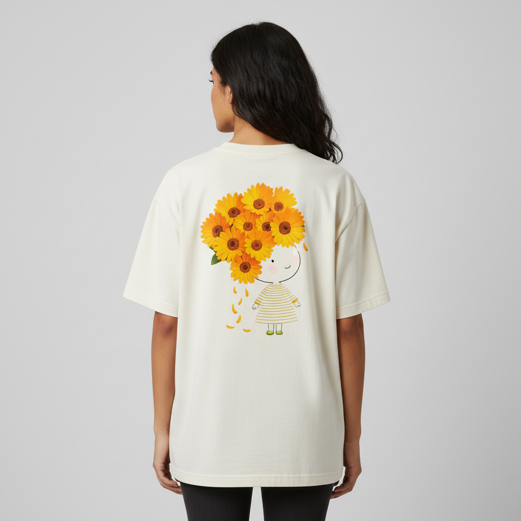 Somokriti Premium Cotton Printed T-Shirt - Sunshine Bloom | Oversized Fit, Half Sleeve, Round Neck | Girls, Women