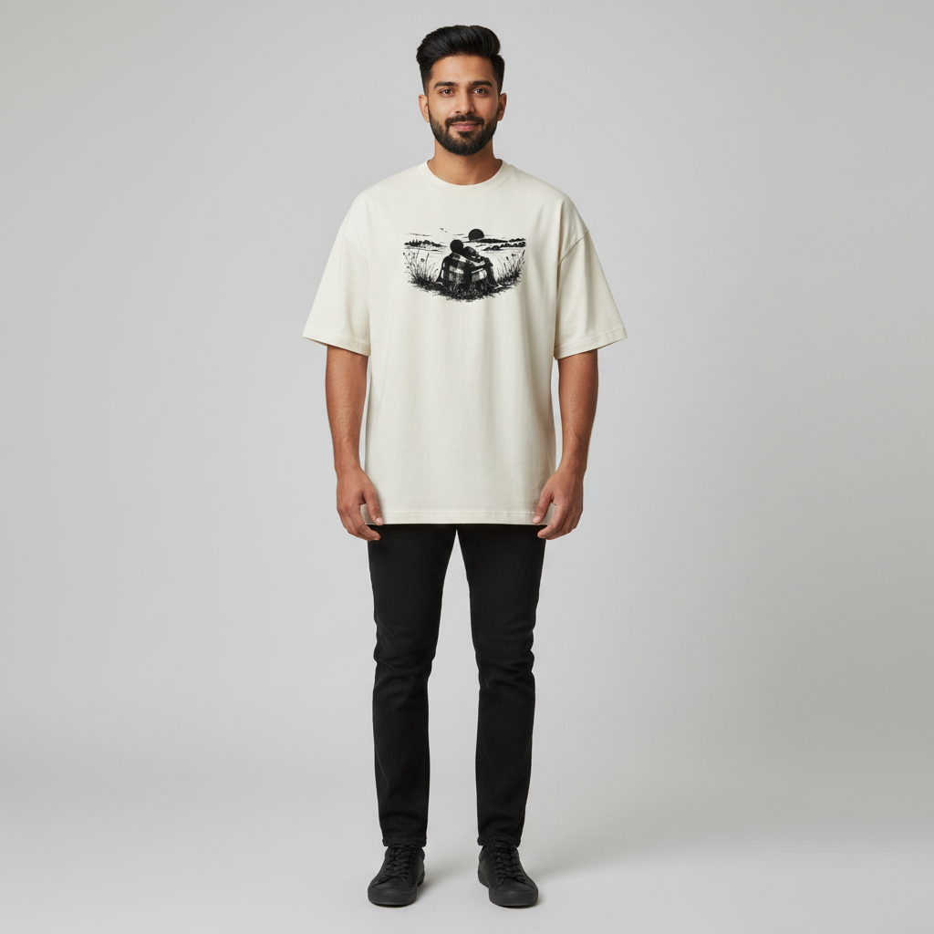 Somokriti Premium Cotton Printed T-Shirt - Moonlit Bond | Oversized Fit, Half Sleeve, Round Neck | Unisex