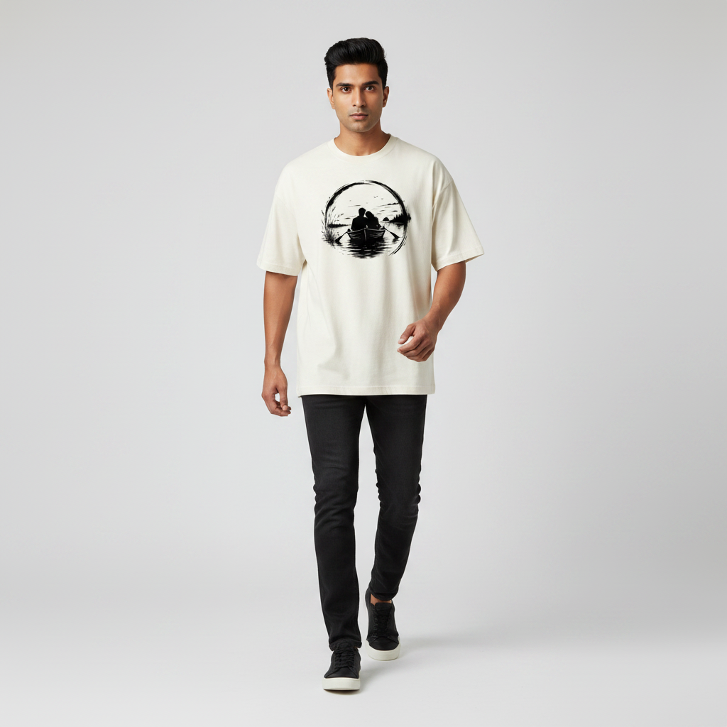 Somokriti Premium Cotton Printed T-Shirt - Silent Voyage | Oversized Fit, Half Sleeve, Round Neck | Unisex