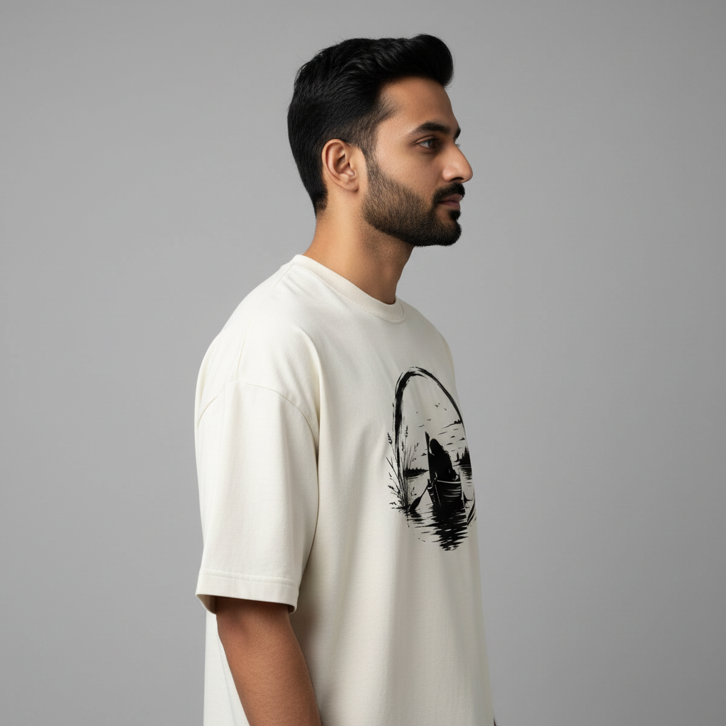 Somokriti Premium Cotton Printed T-Shirt - Silent Voyage | Oversized Fit, Half Sleeve, Round Neck | Unisex
