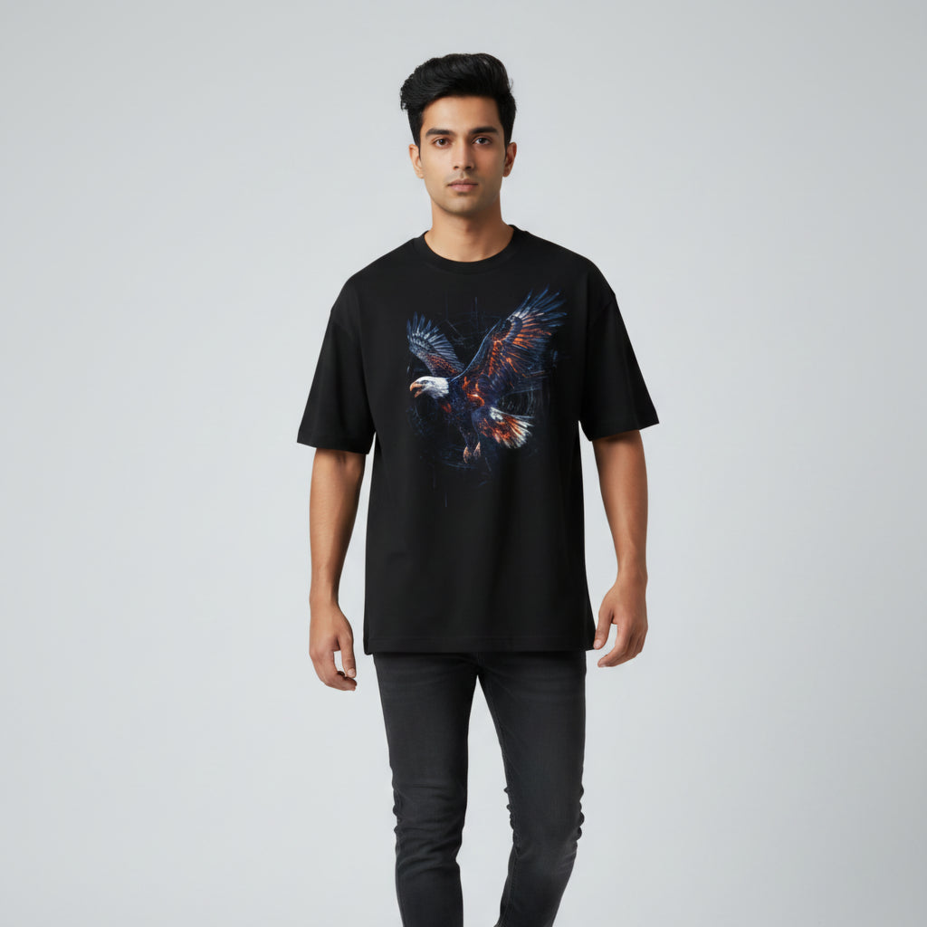 Somokriti Premium Cotton Printed T-Shirt - Inferno Flight | Oversized Fit, Half Sleeve, Round Neck | Unisex