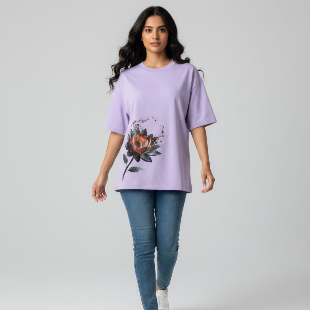 Somokriti Premium Cotton Printed T-Shirt - Neon Lotus | Oversized Fit, Half Sleeve, Round Neck | Unisex
