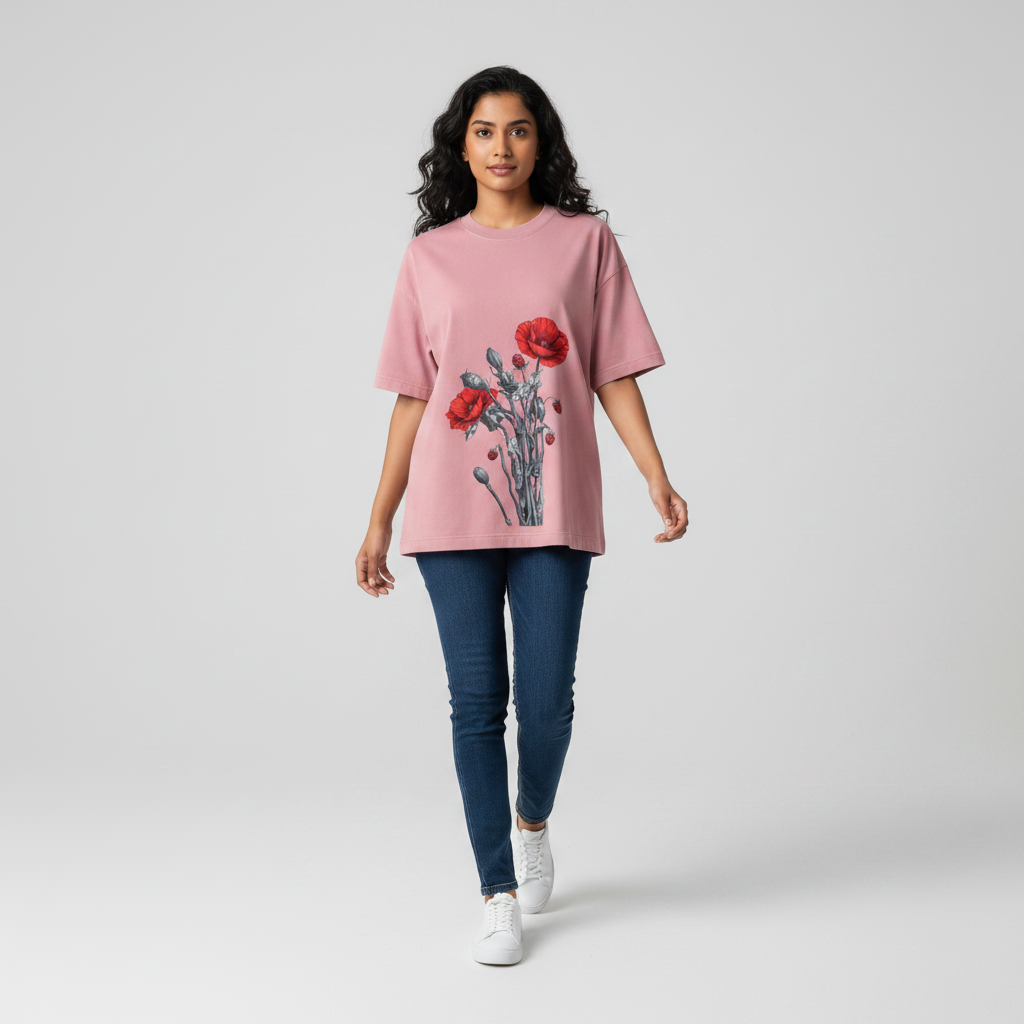 Somokriti Premium Cotton Printed T-Shirt - Crimson Bloom | Oversized Fit, Half Sleeve, Round Neck | Unisex