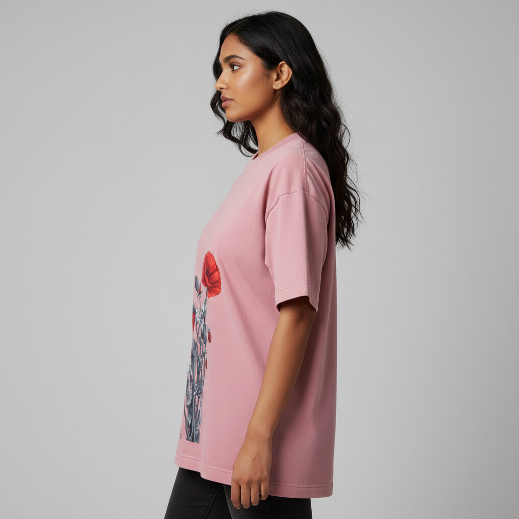 Somokriti Premium Cotton Printed T-Shirt - Crimson Bloom | Oversized Fit, Half Sleeve, Round Neck | Unisex