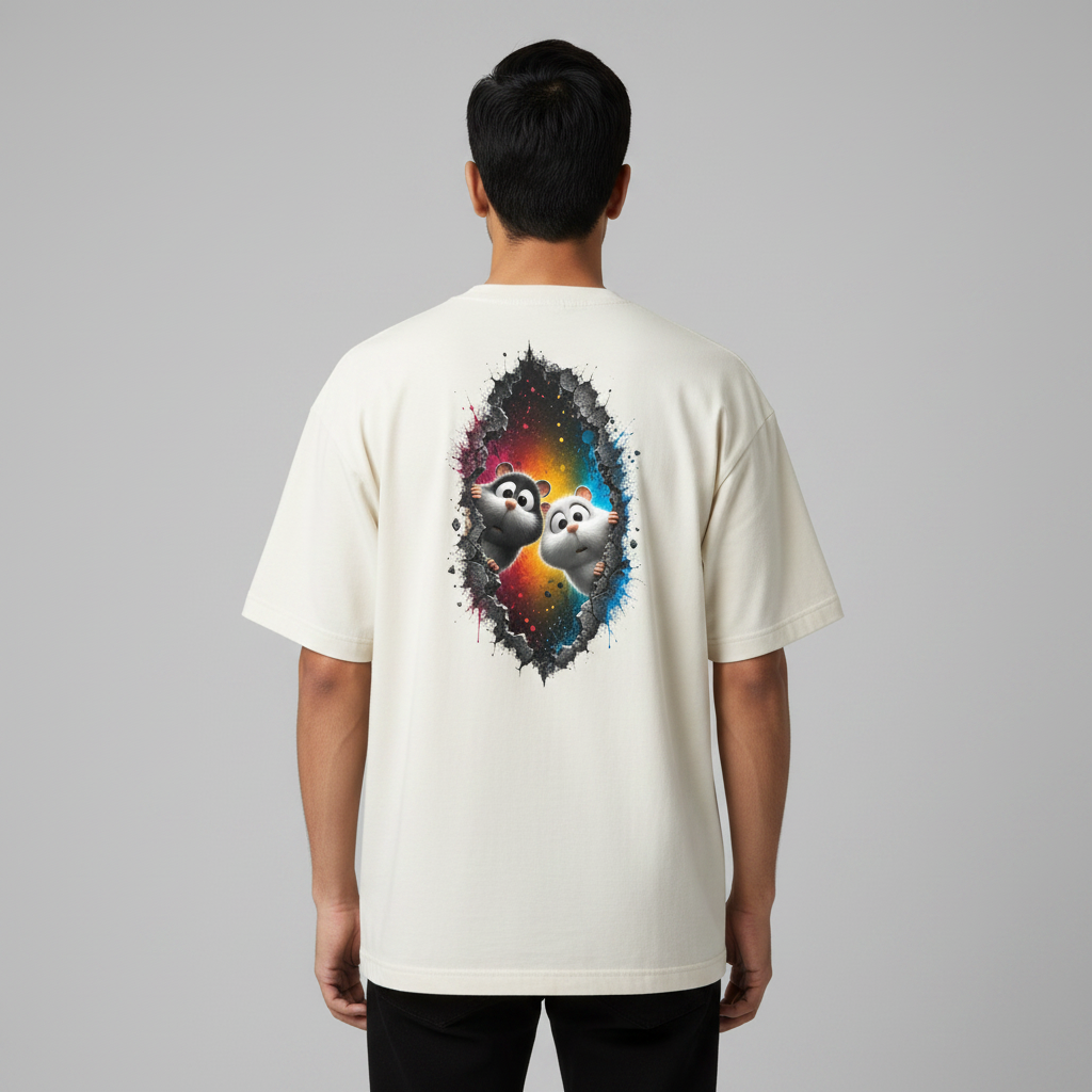 Somokriti Premium Cotton Printed T-Shirt - Curious Duo | Oversized Fit, Half Sleeve, Round Neck | Unisex