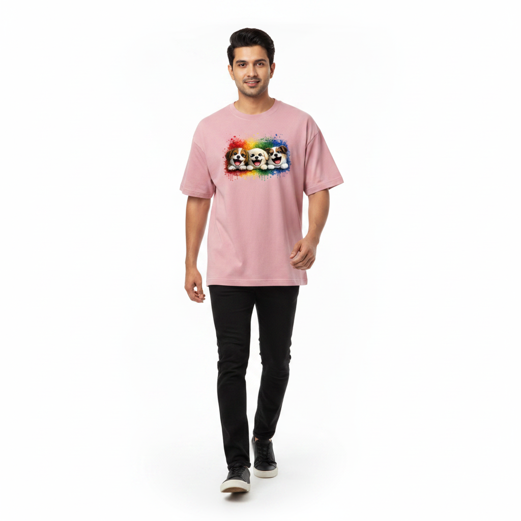 Somokriti Premium Cotton Printed T-Shirt - Puppy Parade | Oversized Fit, Half Sleeve, Round Neck | Unisex