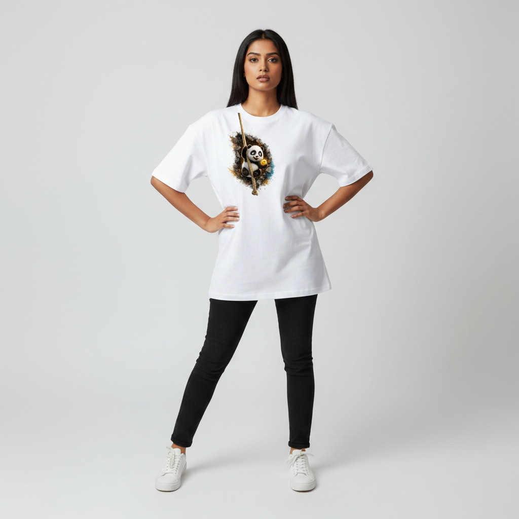 Somokriti Premium Cotton Printed T-Shirt - Panda Swing | Oversized Fit, Half Sleeve, Round Neck | Unisex