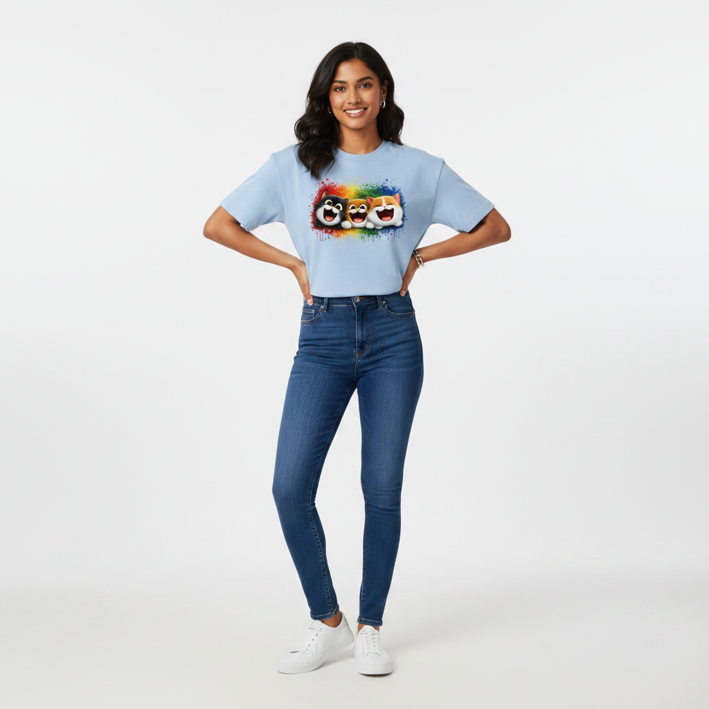Somokriti Premium Cotton Printed T-Shirt - Happy Whiskers | Oversized Fit, Half Sleeve, Round Neck | Unisex