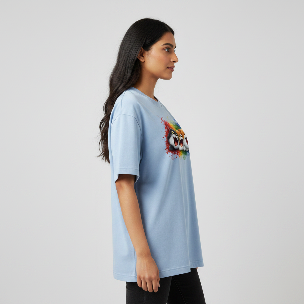 Somokriti Premium Cotton Printed T-Shirt - Happy Whiskers | Oversized Fit, Half Sleeve, Round Neck | Unisex