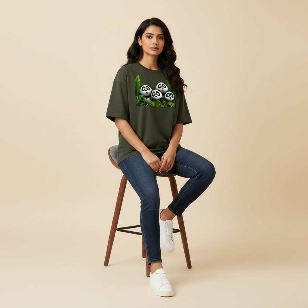 Somokriti Premium Cotton Printed T-Shirt - Panda Paradise | Oversized Fit, Half Sleeve, Round Neck | Unisex
