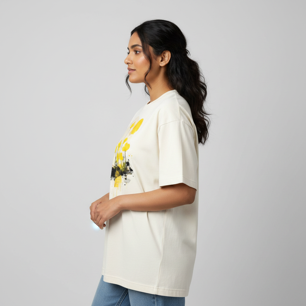 Somokriti Premium Cotton Printed T-Shirt - Golden Focus | Oversized Fit, Half Sleeve, Round Neck | Girls, Women