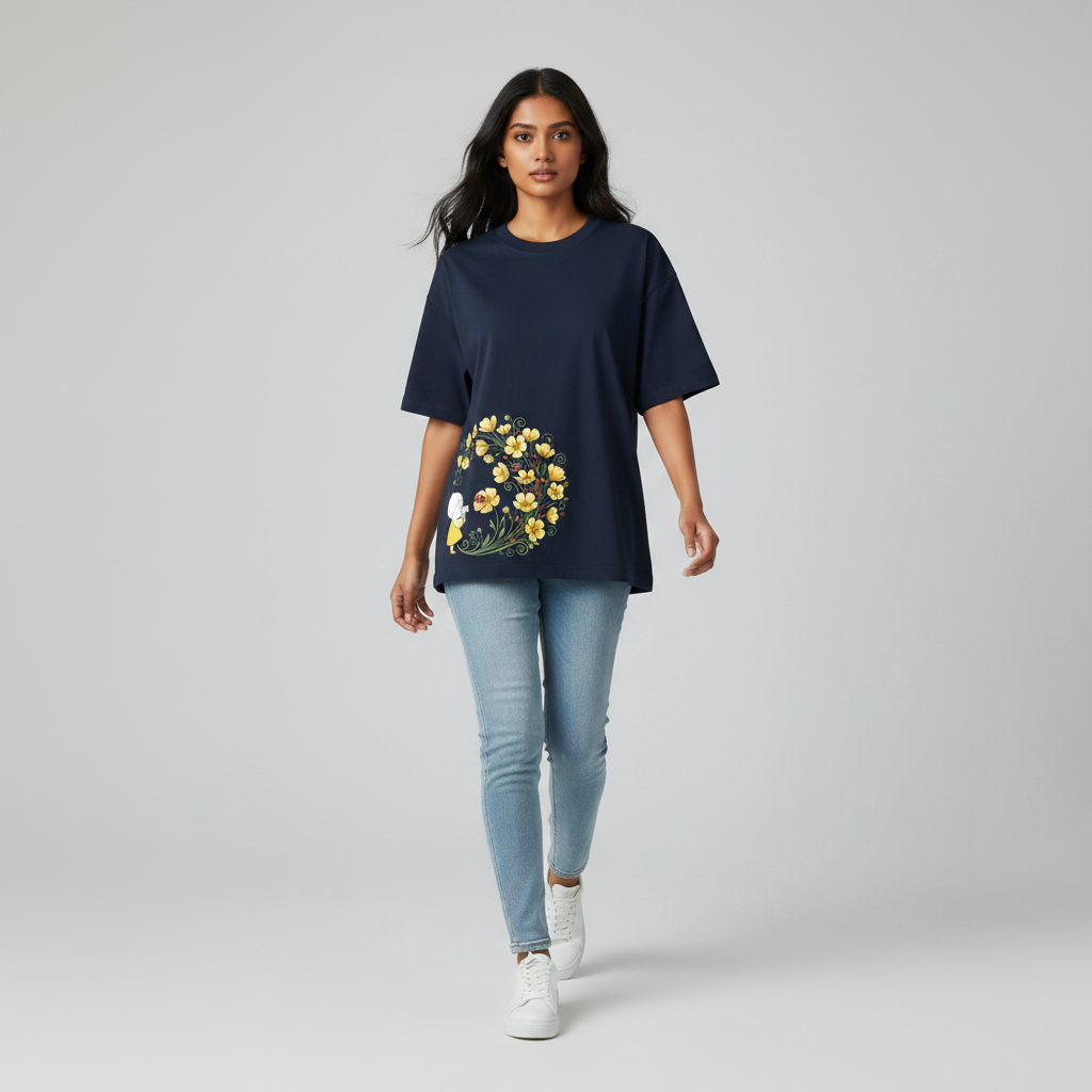 Somokriti Premium Cotton Printed T-Shirt - Bloom Capture | Oversized Fit, Half Sleeve, Round Neck | Girls, Women