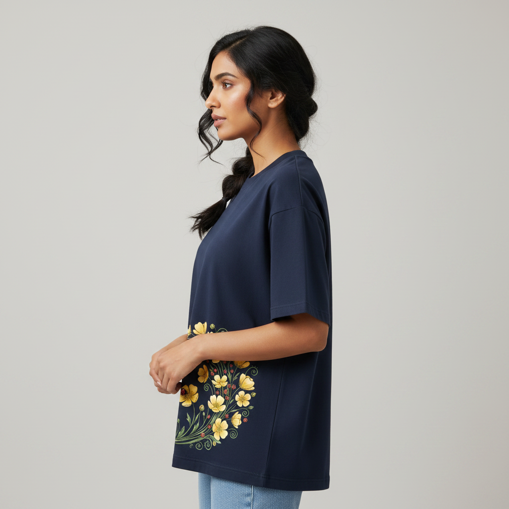 Somokriti Premium Cotton Printed T-Shirt - Bloom Capture | Oversized Fit, Half Sleeve, Round Neck | Girls, Women