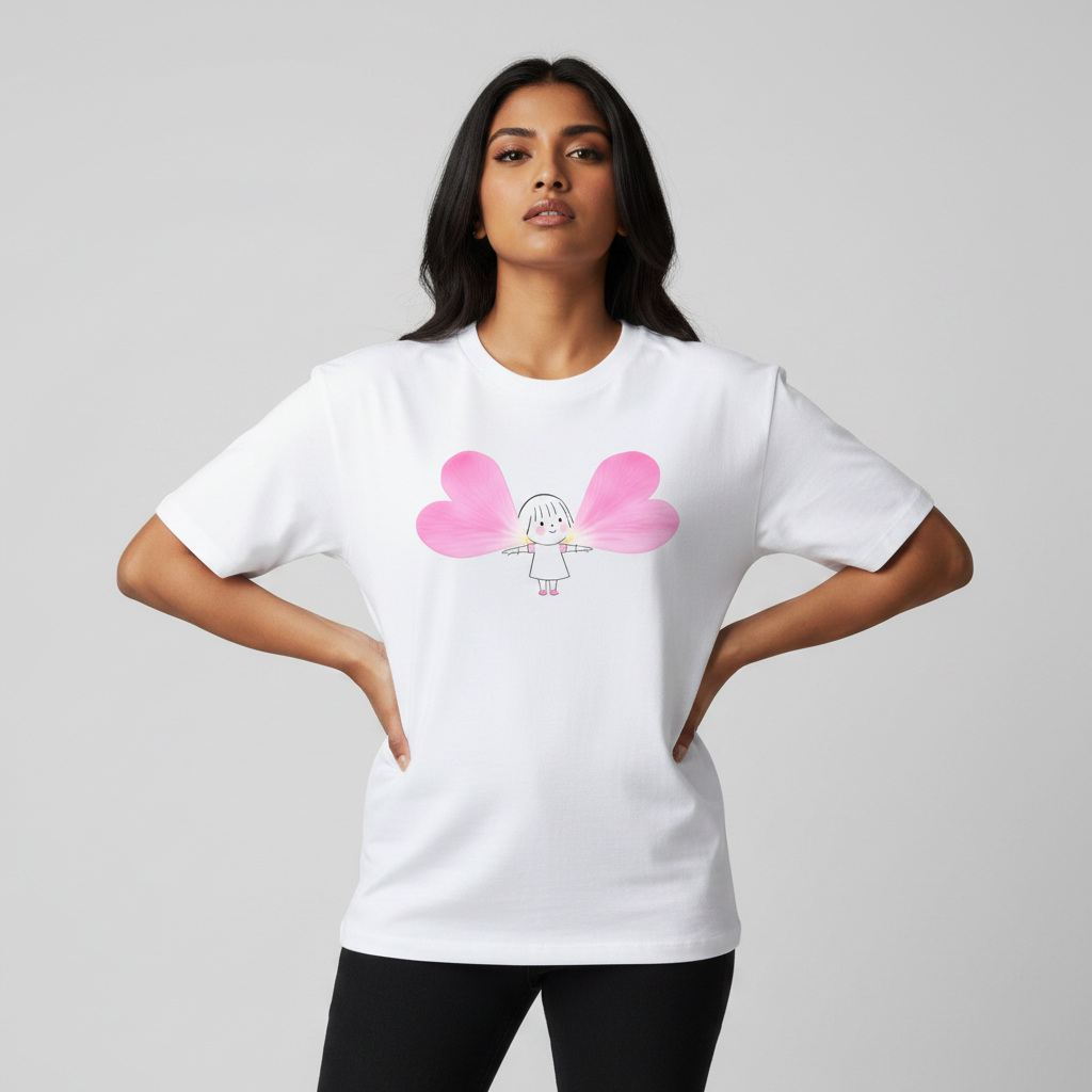 Somokriti Premium Cotton Printed T-Shirt - Heart Wings | Oversized Fit, Half Sleeve, Round Neck | Girls, Women