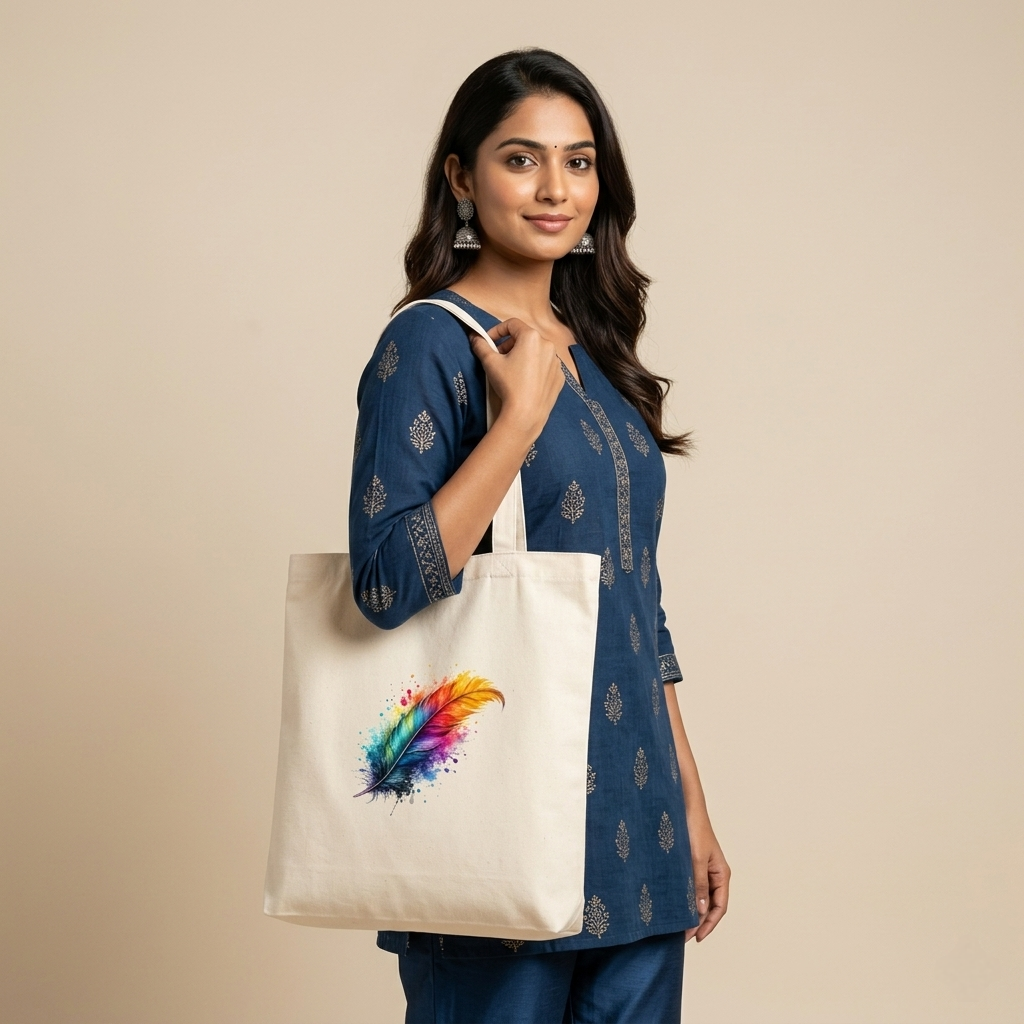Somokriti Premium Cotton Tote Bag - Rainbow Feather | 220 GSM | Printed | 12x14 Inch