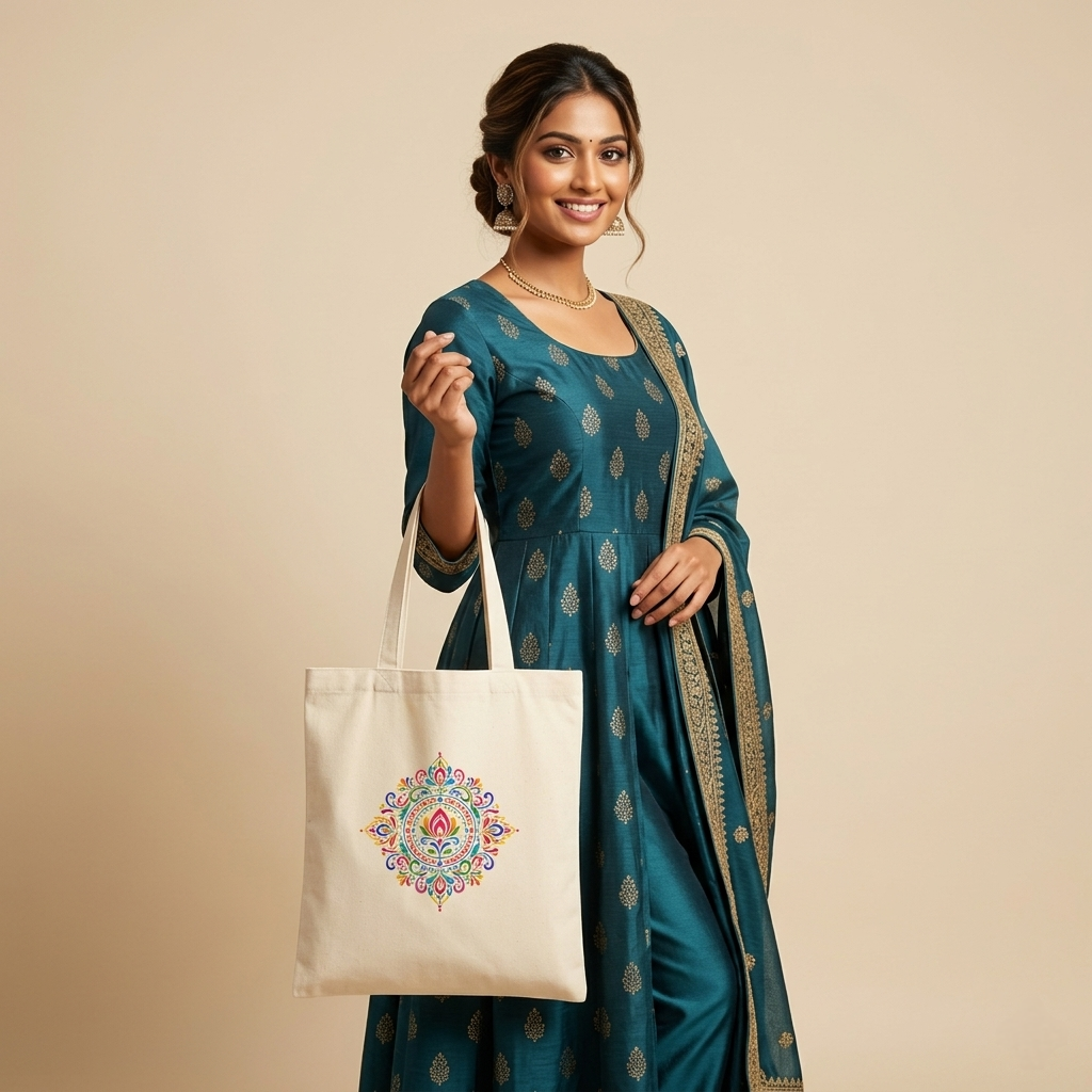 Somokriti Premium Cotton Tote Bag - Rangoli | 220 GSM | Printed | 12x14 Inch