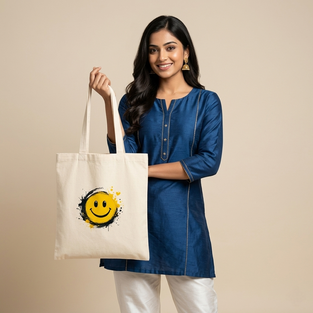 Somokriti Premium Cotton Tote Bag - Happy Vibes | 220 GSM | Printed | 12x14 Inch