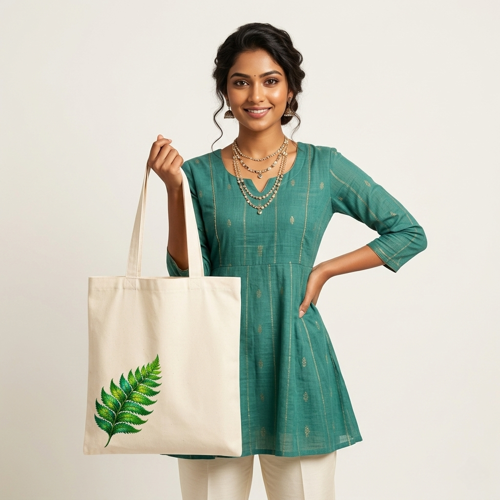 Somokriti Premium Cotton Tote Bag - Green Leaf | 220 GSM | Printed | 12x14 Inch