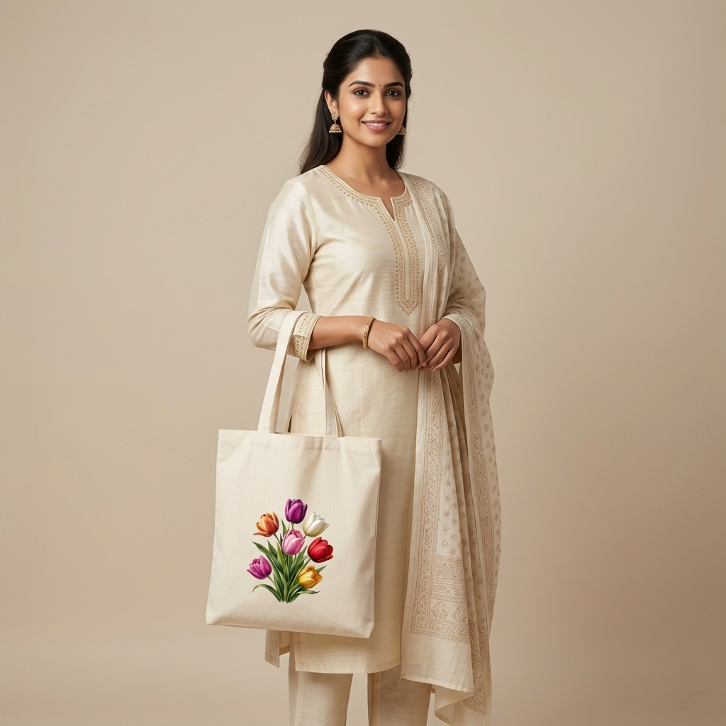 Somokriti Premium Cotton Tote Bag - Tulip Bloom | 220 GSM | Printed | 12x14 Inch