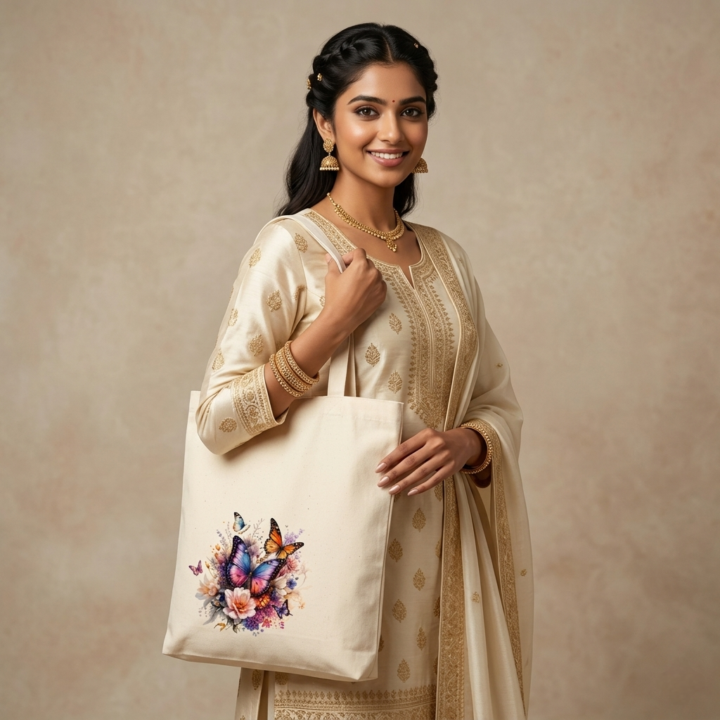 Somokriti Premium Cotton Tote Bag - Butterfly Bloom | 220 GSM | Printed | 12x14 Inch
