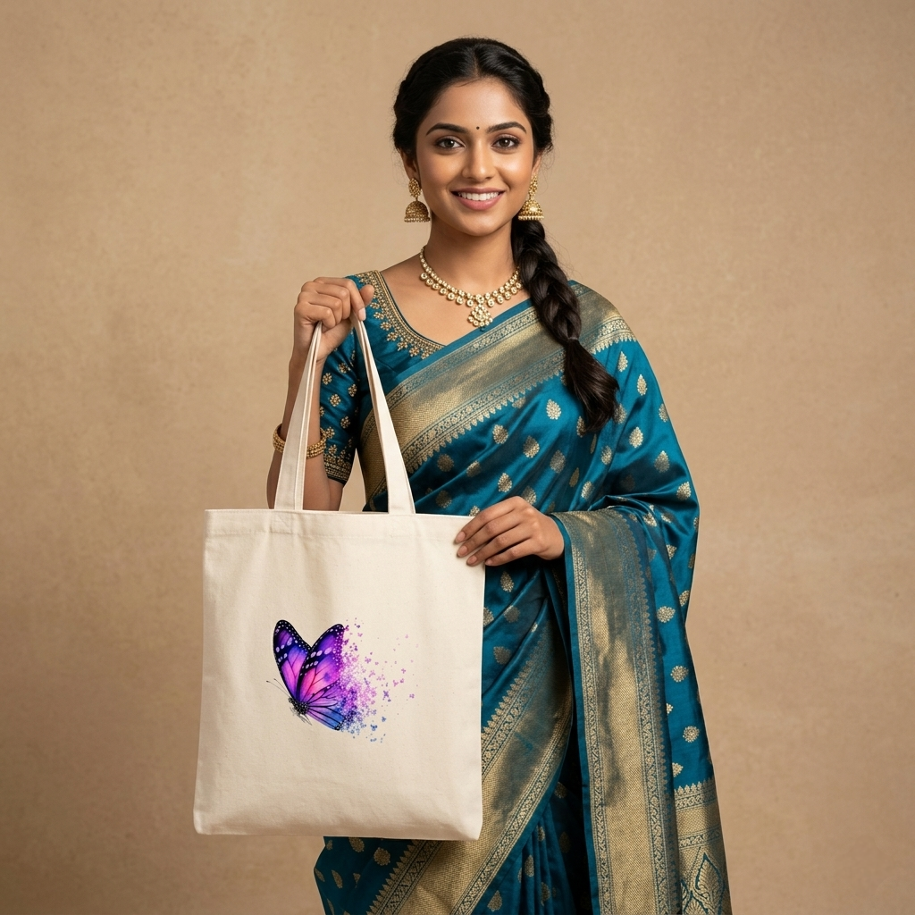 Somokriti Premium Cotton Tote Bag - Dream Butterfly | 220 GSM | Printed | 12x14 Inch