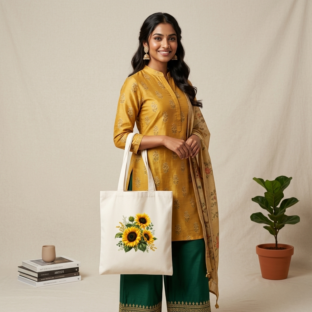 Somokriti Premium Cotton Tote Bag - Sunflower Bloom | 220 GSM | Printed | 12x14 Inch