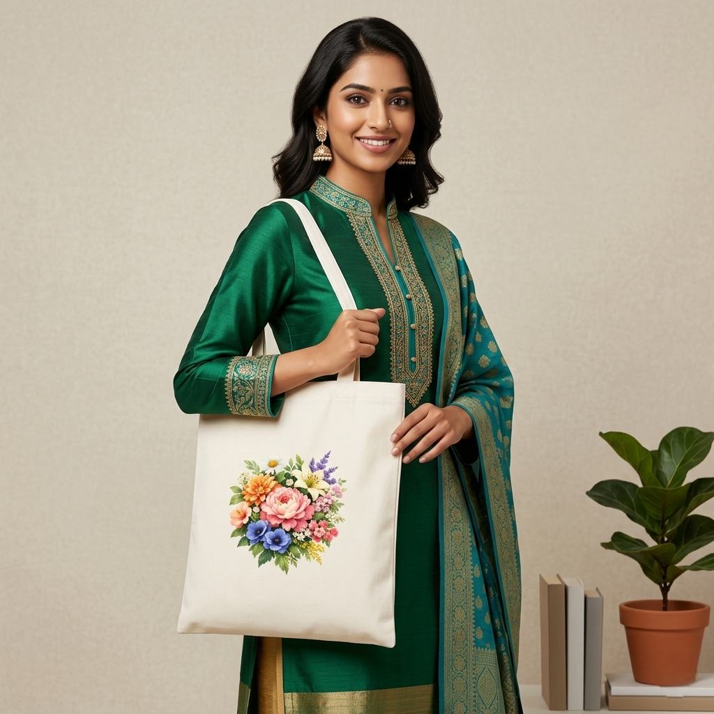 Somokriti Premium Cotton Tote Bag - Floral Garden | 220 GSM | Printed | 12x14 Inch