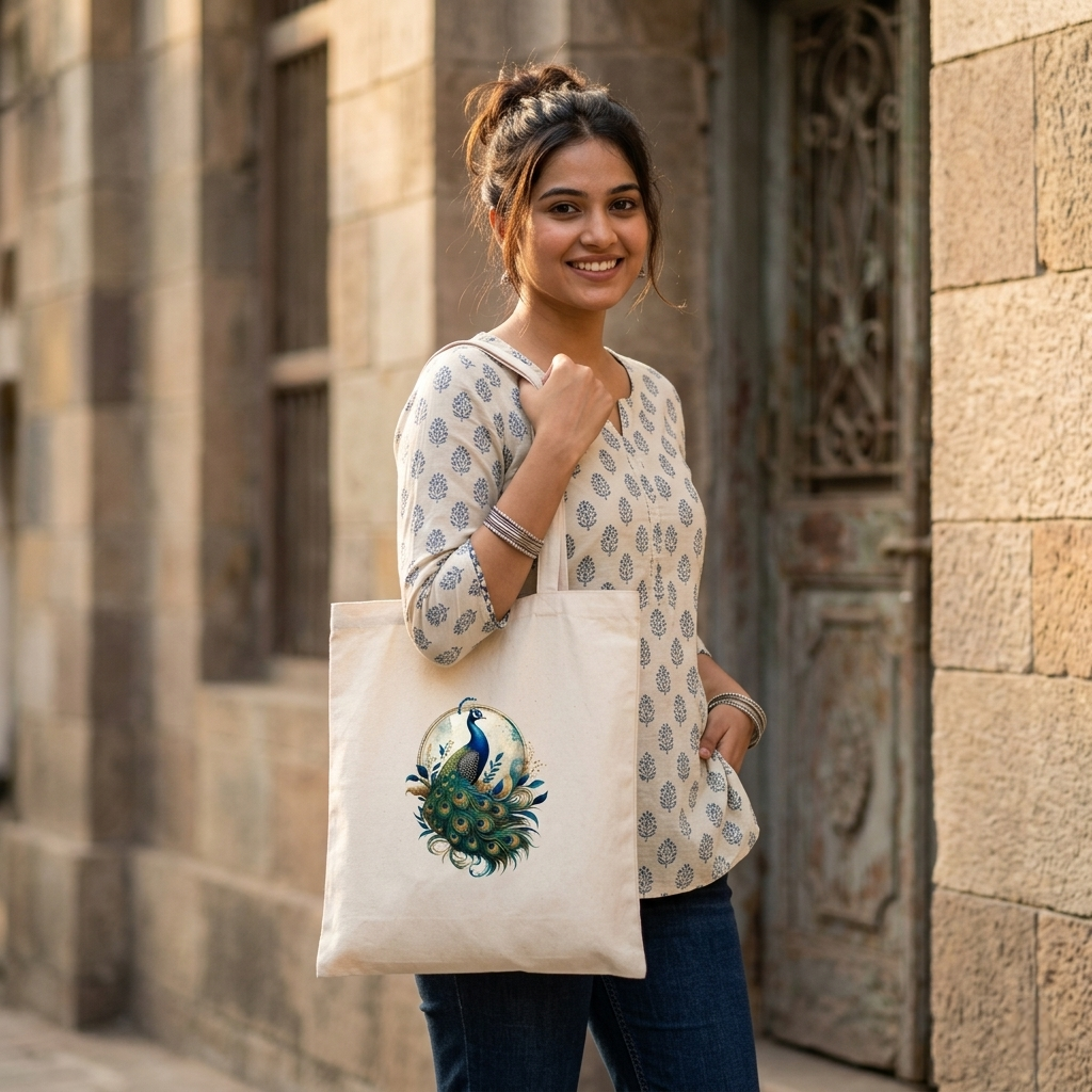 Somokriti Premium Cotton Tote Bag - Royal Peacock | 220 GSM | Printed | 12x14 Inch