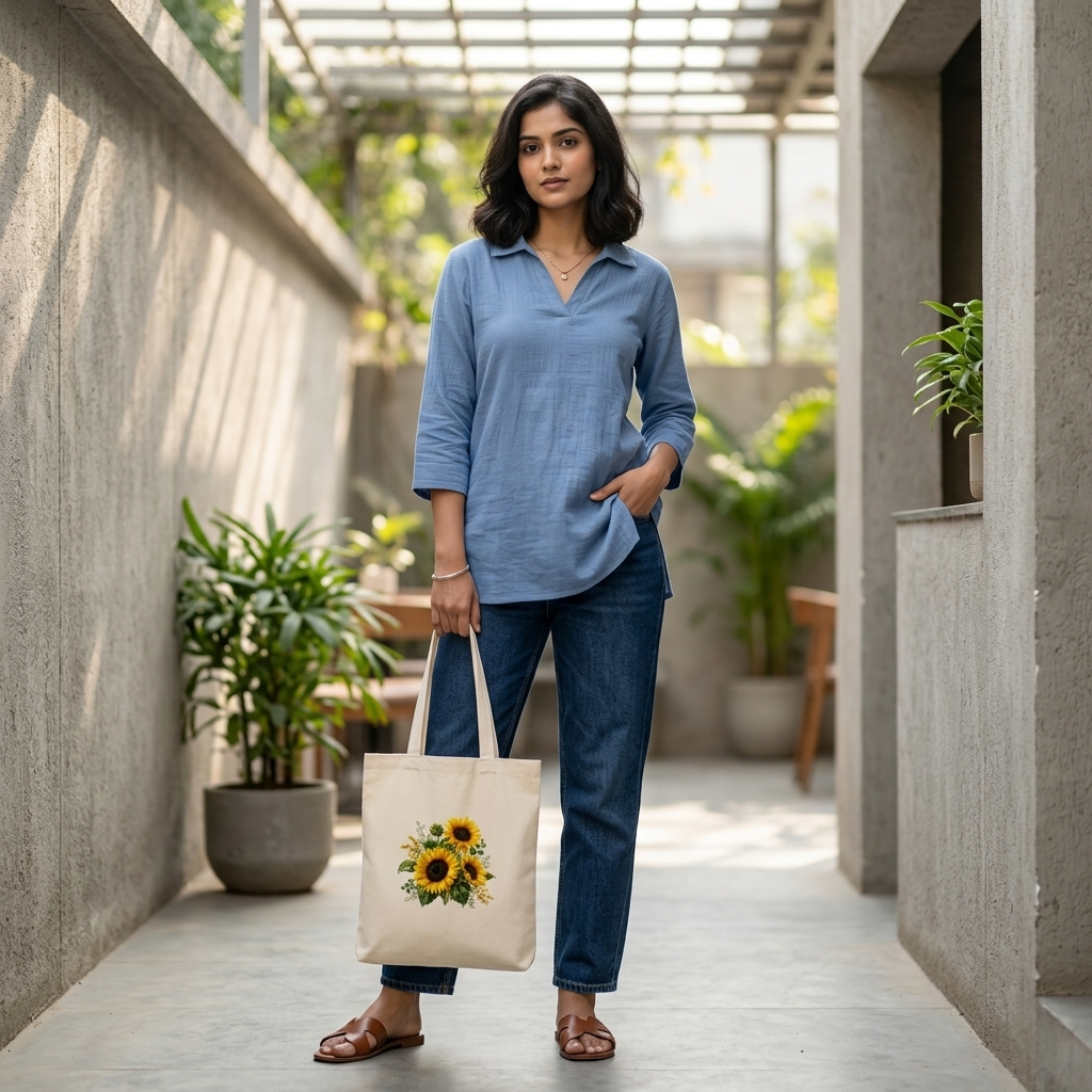 Somokriti Premium Cotton Tote Bag - Sunflower Bloom | 220 GSM | Printed | 12x14 Inch