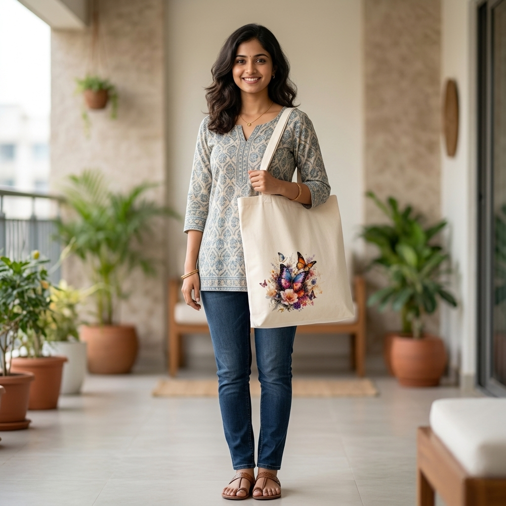 Somokriti Premium Cotton Tote Bag - Butterfly Bloom | 220 GSM | Printed | 12x14 Inch