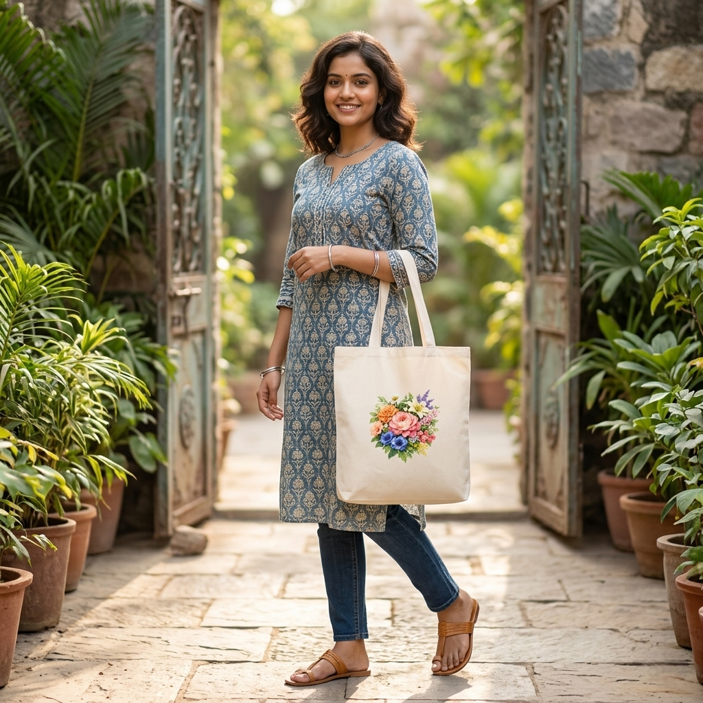 Somokriti Premium Cotton Tote Bag - Floral Garden | 220 GSM | Printed | 12x14 Inch