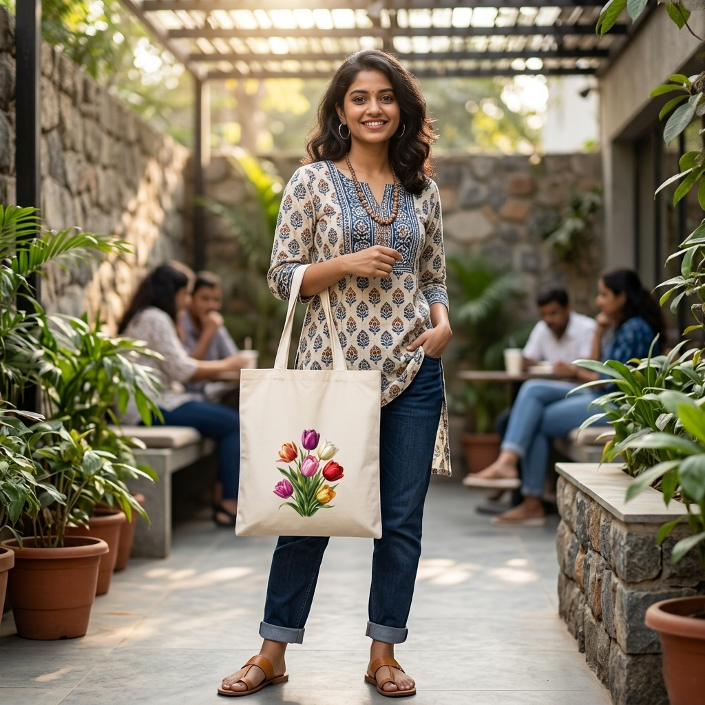 Somokriti Premium Cotton Tote Bag - Tulip Bloom | 220 GSM | Printed | 12x14 Inch