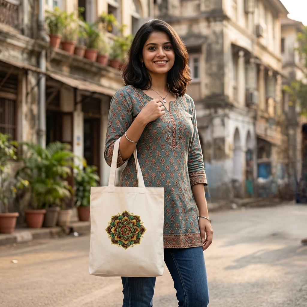 Somokriti Premium Cotton Tote Bag - Royal Mandala | 220 GSM | Printed | 12x14 Inch