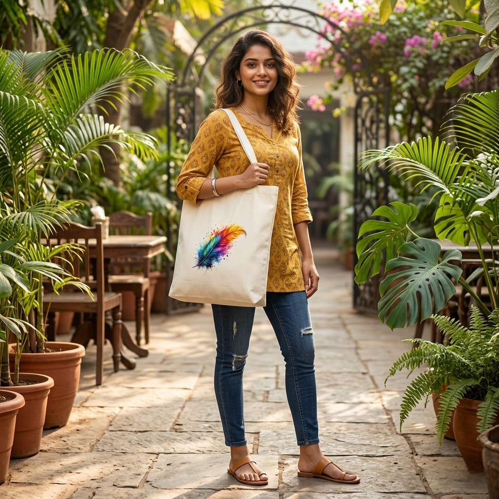 Somokriti Premium Cotton Tote Bag - Rainbow Feather | 220 GSM | Printed | 12x14 Inch