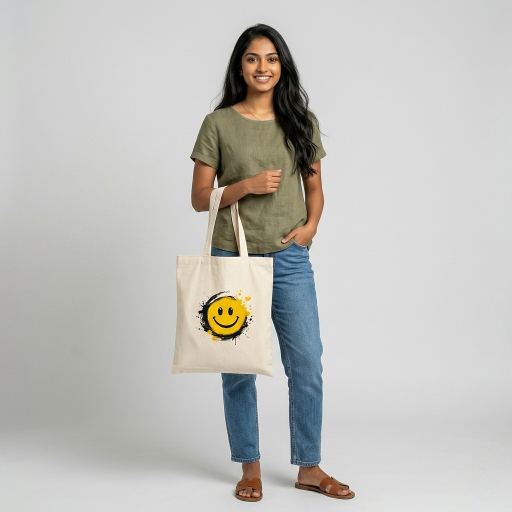 Somokriti Premium Cotton Tote Bag - Happy Vibes | 220 GSM | Printed | 12x14 Inch