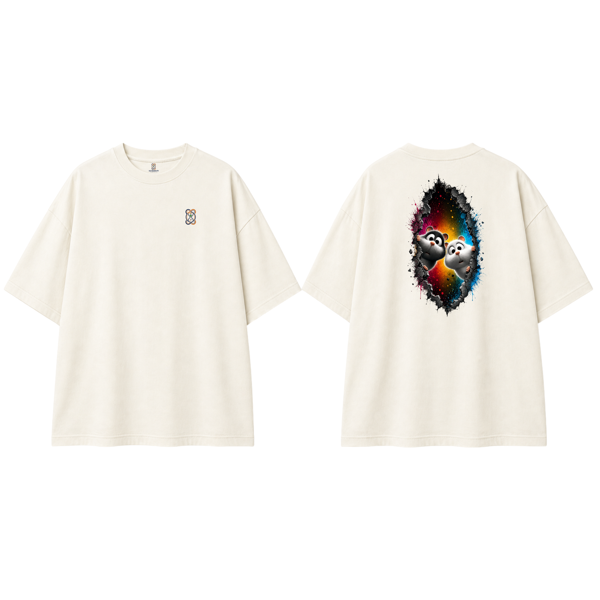 Somokriti Premium Cotton Printed T-Shirt - Curious Duo | Oversized Fit, Half Sleeve, Round Neck | Unisex